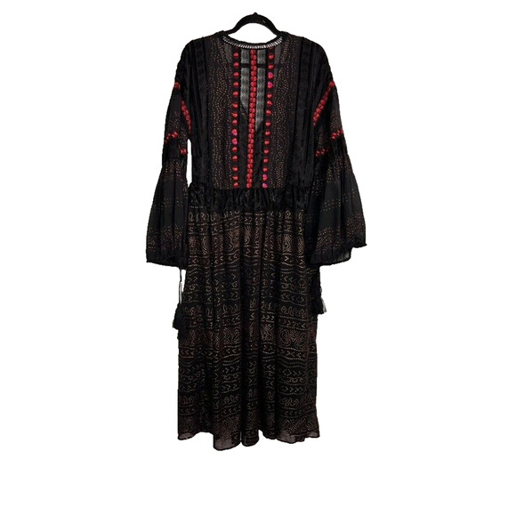 Free People Dress Small Starry Night Maxi Black Long Sleeve V Neck Embroidered - Picture 2 of 13